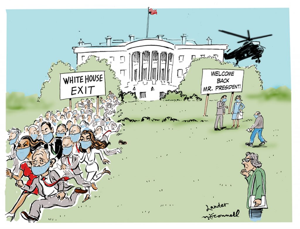 cartoon of Trump returning to the White House