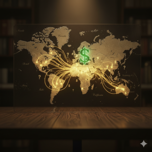 world map with dollars flowing