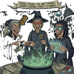 Three witches standing around a cauldron