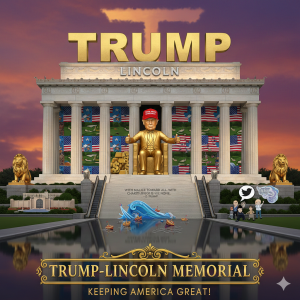 satirical cartoon of Trump-Lincoln Memorial