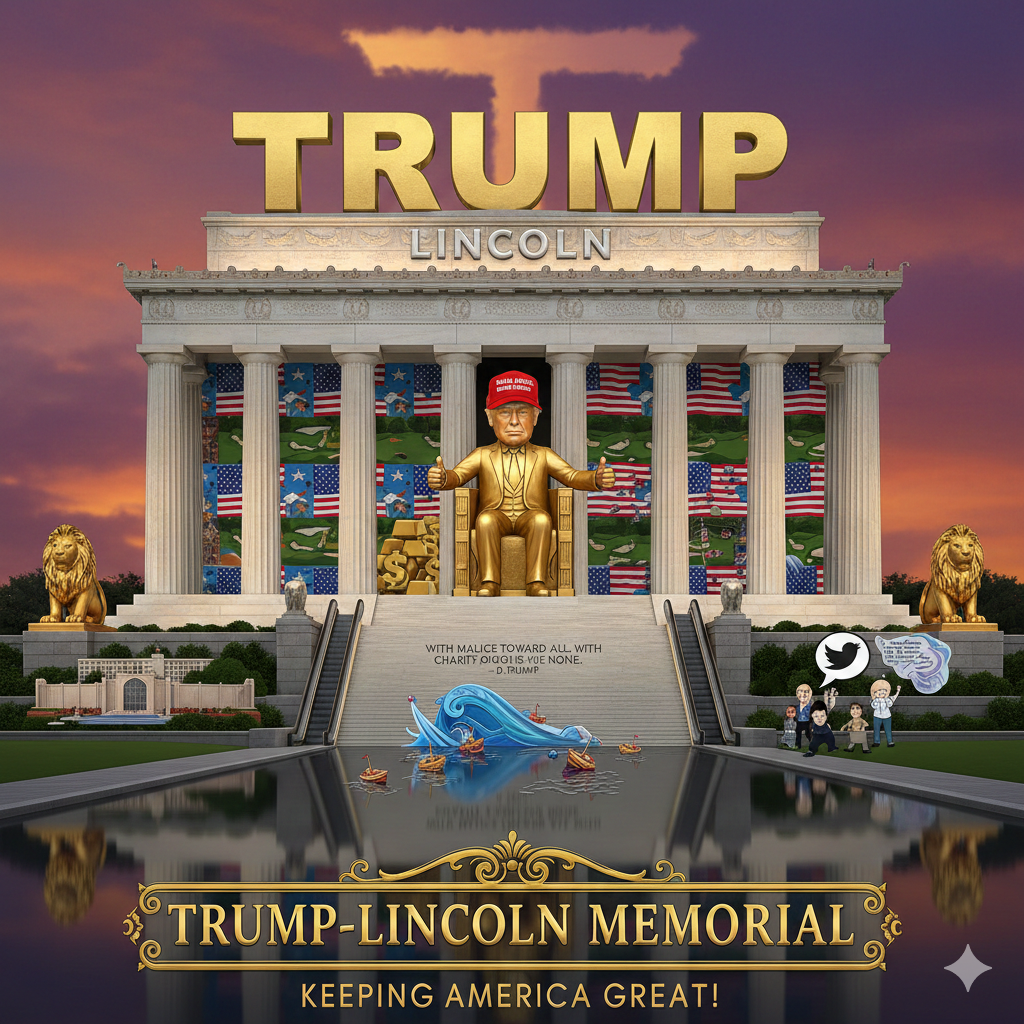 satirical cartoon of Trump-Lincoln Memorial