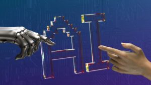 Robot hand almost touching human hand