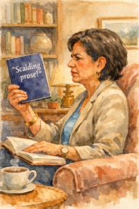 Woman reading "Scalding Prose" book blurb