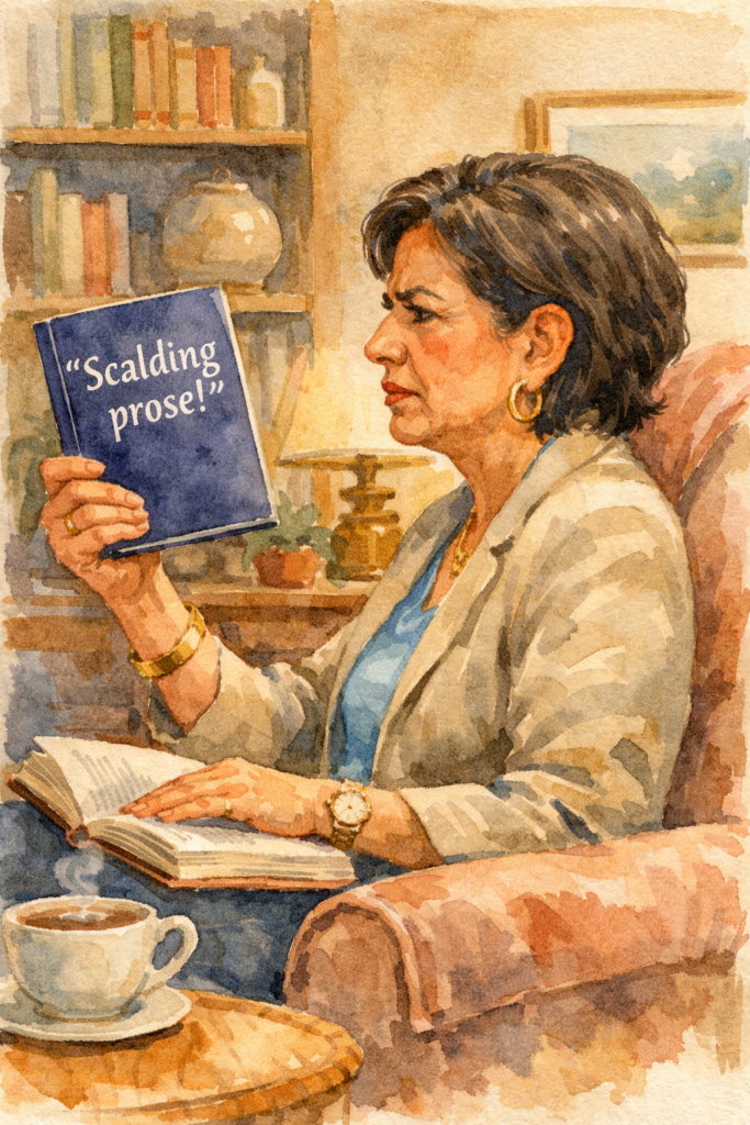 Woman reading "Scalding Prose" book blurb