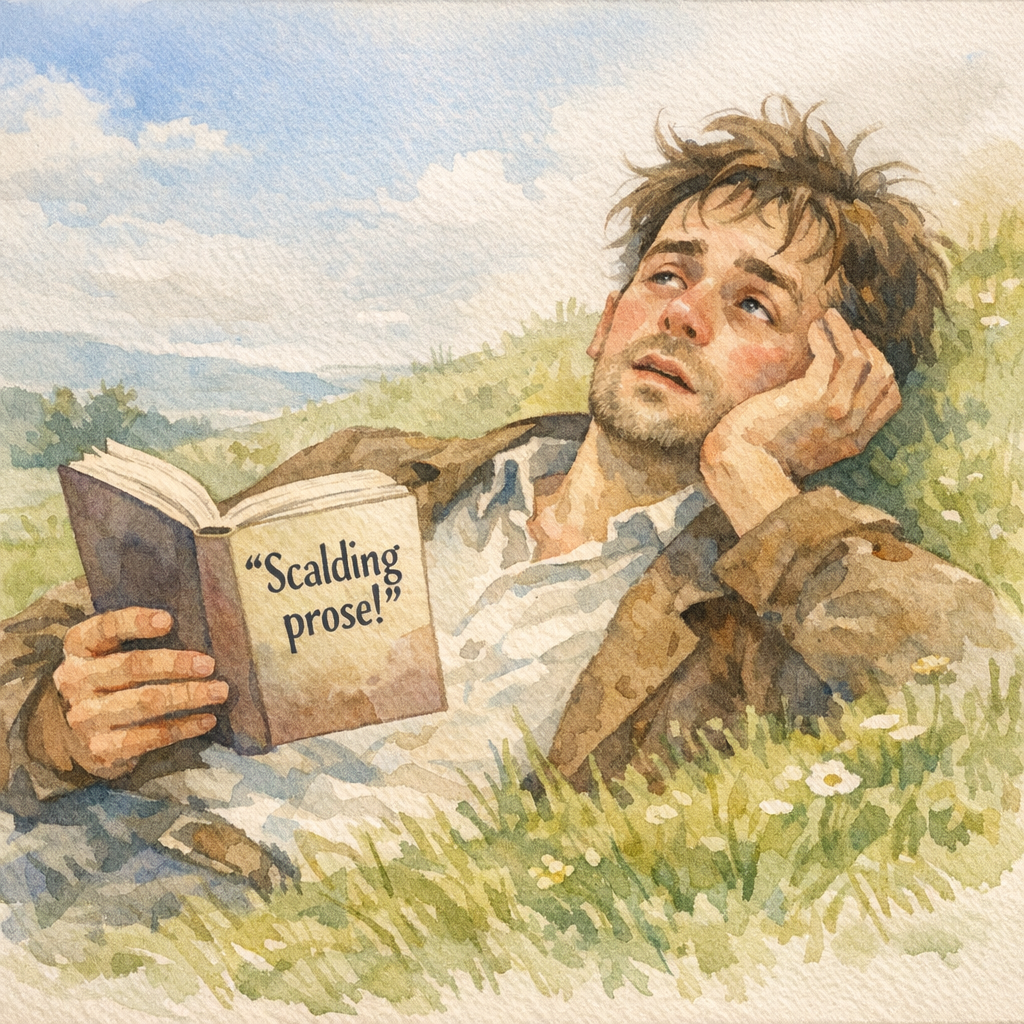 Man reading book that says Scalding Prose