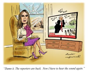 Cartoon of Melania Trump watching Donald Trump